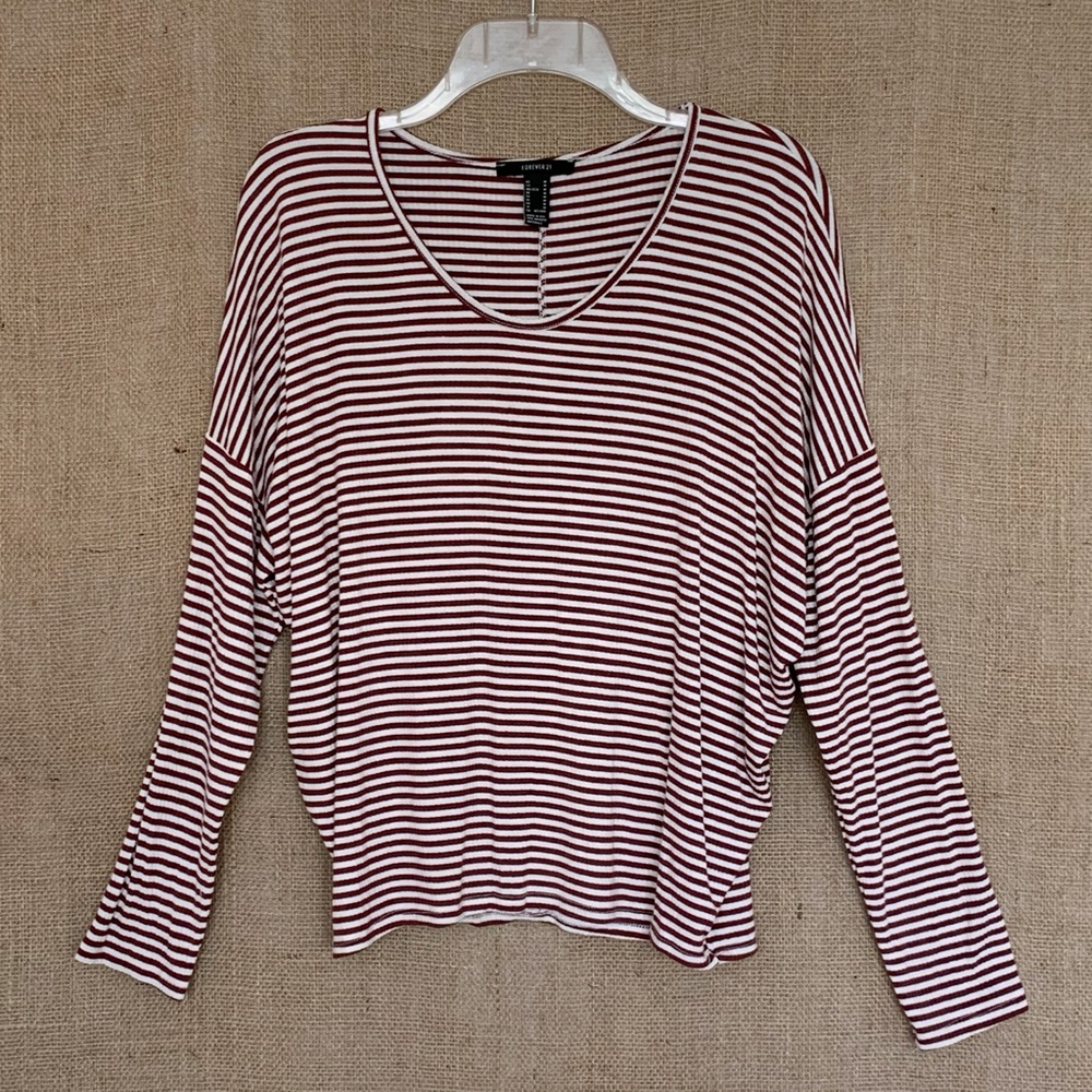 FOREVER 21 Long Sleeve Burgandy & White Stripe Top